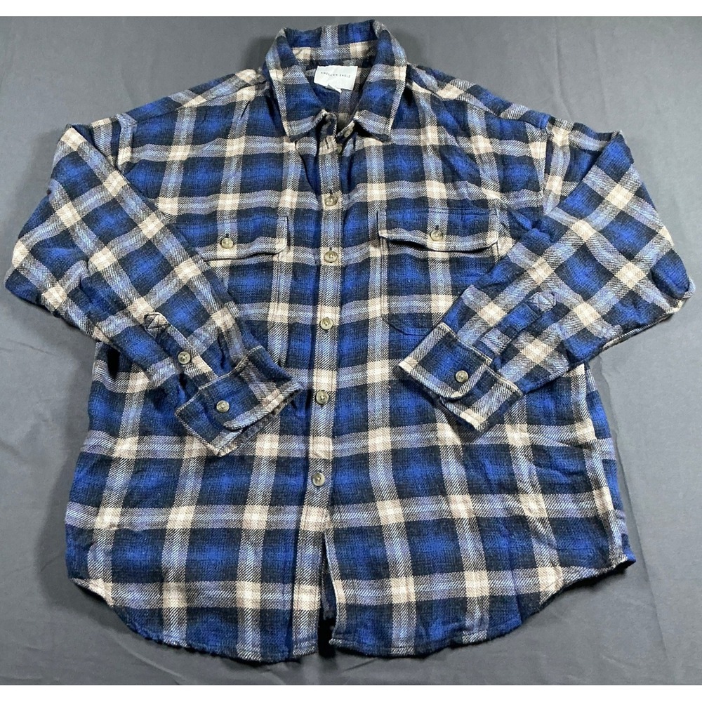 American Eagle Blue Plaid Flannel Button Down Shirt Womens Small Viscose Blend